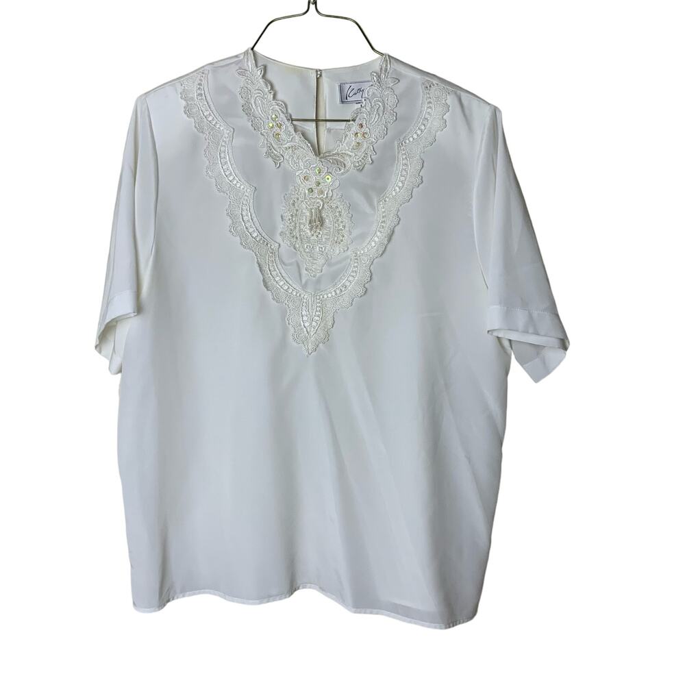 Kathy Che VINTAGE white lace & faux pearl applique neckline short sleeve‎ top 14